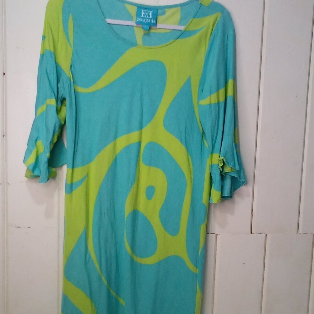 Escapada Dress Women L Short Bell Sleeve Knee Length Pattern Green Blue